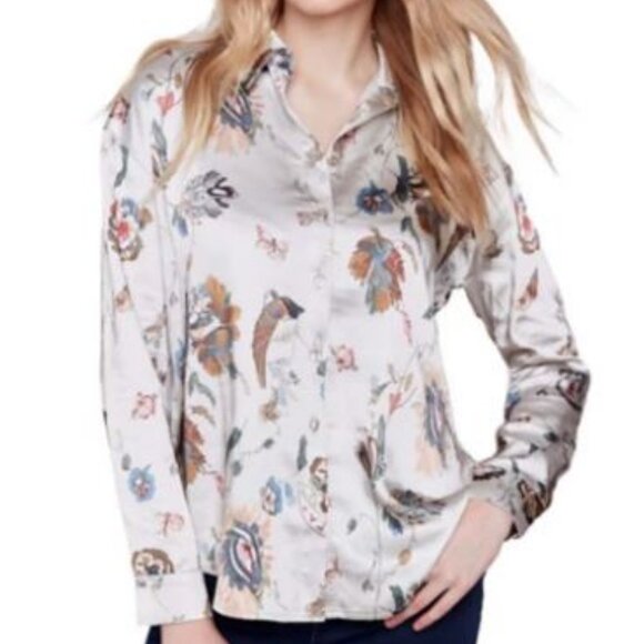 Women's Charlie B Printed Satin Long Sleeve Button Up Shirt Large - Picture 1 of 8